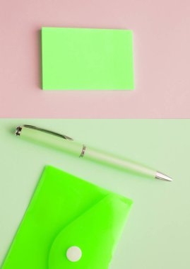 Yan yana iki arka plan, nane yeşili ve pembe pastel arka planı olan dikey çerçeve, Flatley, çıkartmalar, plastik zarf ve kalem.