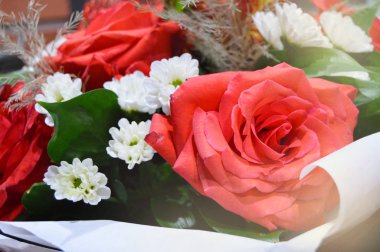 Kırmızı güller ve beyaz kasımpatılarla dolu yatay arkaplan