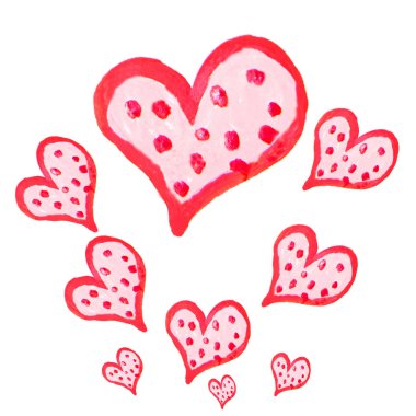 Farklı boyutlarda şirin kırmızı kalpler, Sevgililer Günü için yaratıcı suluboya el çizimi.