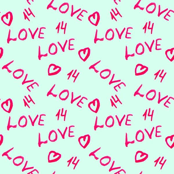 Aquarell nahtloses Muster, Herzhintergrund, Wort Liebe, 14. Februar zum Valentinstag, pastellminzfarbener Hintergrund — Stockfoto