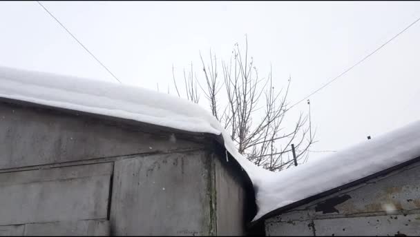 Metallhangar med tak täckt med snödriva på vintern under snöfall, modern industriell exteriör, panoramautsikt, 4k — Stockvideo