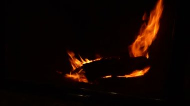 Ateşten canlı ateş, karanlıkta yanan odun, açıkta ateş eden gece, sarı ateşten kıvılcımlar, kırmızı közler.
