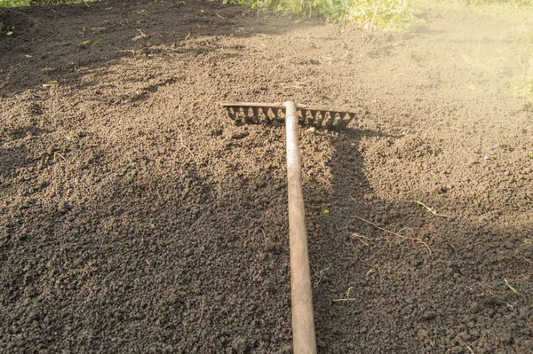 Large metal old rake with a wooden handle on the background of plowed land, preparing the soil for planting, spring agricultural work in the garden and vegetable garden concept — Stock Photo, Image