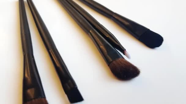 Set Van Zwarte Make Borstels Cosmetica Een Witte Achtergrond Beauty — Stockvideo