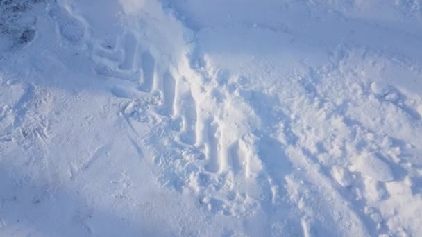 Ścieżka Opon Niebieskim Śniegu Zimie Jasny Słoneczny Dzień Wideo Zwolnione — Wideo stockowe