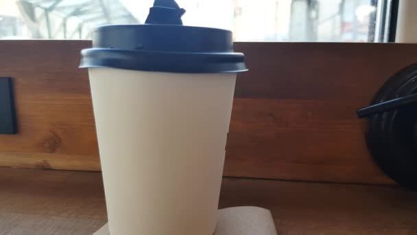 White Paper Cup Coffee Wooden Table Cafe Glass You Can — Stockvideo