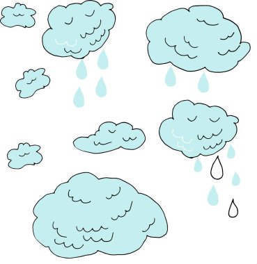 El çizimi Doodle işareti bulutları ve beyaz arka planda izole edilmiş yağmur damlaları. Hava tahminleri çizgisi sanatının vektör illüstrasyonu