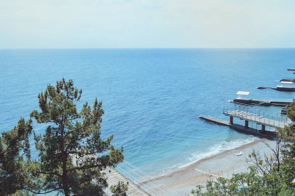 Vacker havsutsikt, utsikt från stranden till det blå havet med en brygga på stranden genom grenar av tallar — Stockfoto