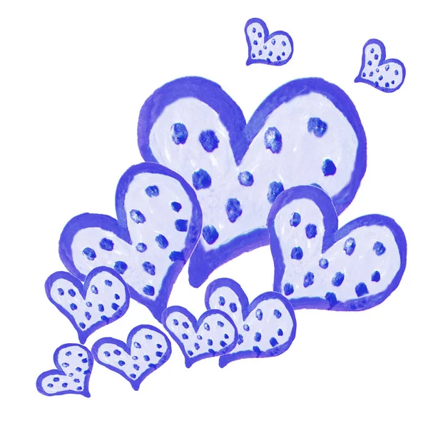 Set of cute blue hearts of different size on white background, creative watercolor drawing for Valentine's Day — Stock Photo, Image