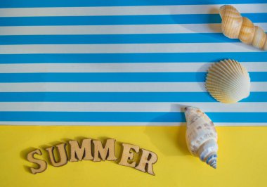 Yaz tatili kağıdının arka planında deniz kabukları ve tahta harflerle 
