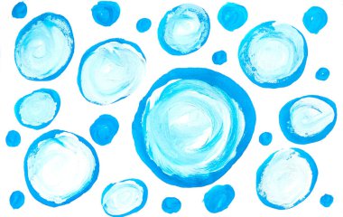 Beyaz arka planda farklı boyutlarda baloncuklar oluşturan mavi ve beyaz daireler çizerek tatlı suluboya resimler..