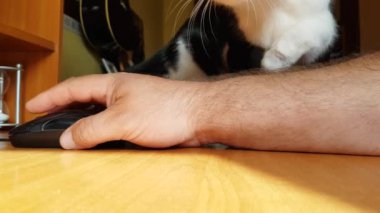 Ahşap bir masada fareyle birlikte çalışan beyaz bir adamın eli, uzaktan çalışma, serbest çalışma, işyeri