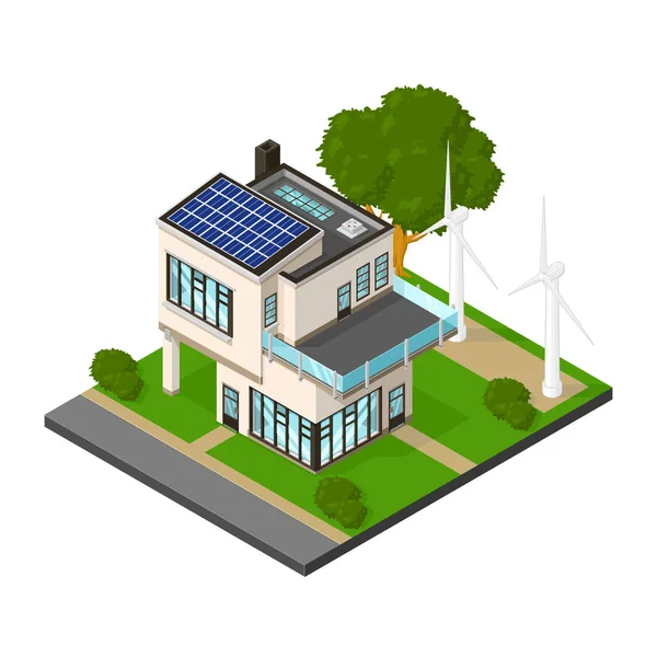 Isométrica Casa Eco de Lujo con energía renovable . — Vector de stock