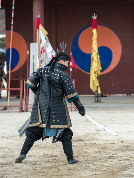 Suwon, Güney Kore - 23 Aralık 2016: Kore geleneksel Joseon Hanedanlığı sırasında gösteri sanatları Hwaseong haenggung kare, asker. 23 Aralık 2016 Suwon, Güney Kore'de çekilmiş fotoğrafı