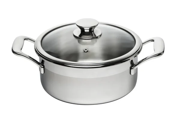 Stainless steel cooking pot with glass lid isolated — Stock Photo, Image