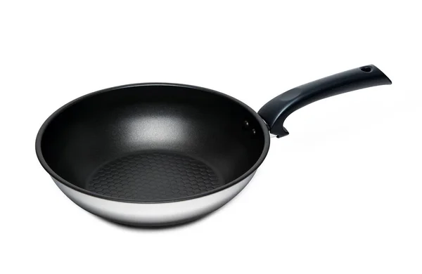 Front view of black and white frying pan isolated on white background. — Stock Photo, Image
