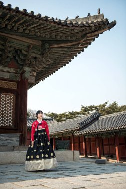 Hanbok Gyeongbokgung, geleneksel Kore elbise, güzel Koreli kız