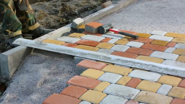 Posare lastre pavimentazione di mosaico primo piano. Pavimentazione stradale, costruzione . — Video Stock