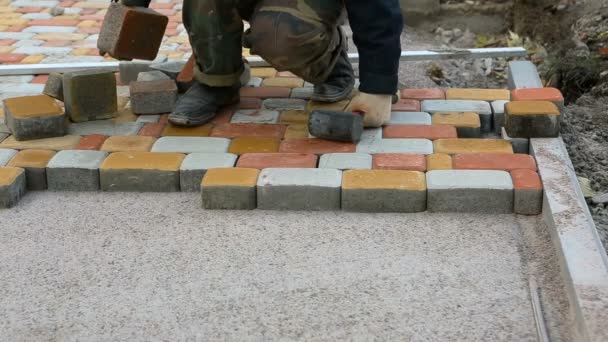 Colocación de losas de pavimentación por primer plano de mosaico. Pavimentación de carreteras, construcción . — Vídeos de Stock