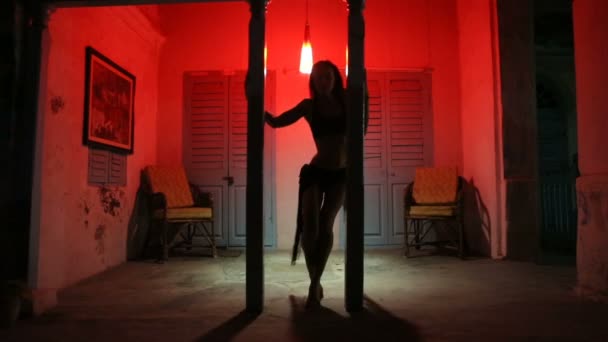 Sexy Woman Silhouette Dancing at the Hotel. Pole Dancer female Stripper in the Night brothel. Sensual Red light, noir style. — Stock Video