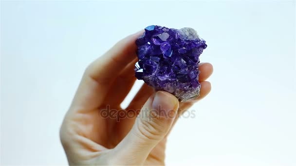 Ametista é uma variedade violeta de quartzo. Joalheiro segurando Ametista — Vídeo de Stock