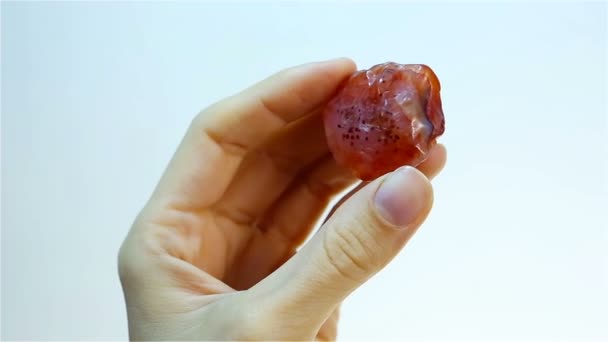 Carneool - is de oranje gestreepte minerale Chalcedoon. Juwelier holding Carneool — Stockvideo