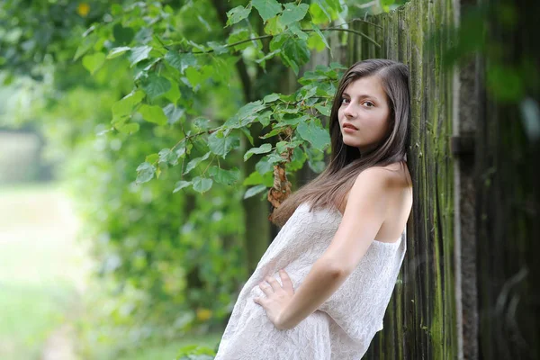 Kırsal bir çit yakınındaki güzel kız — Stok fotoğraf