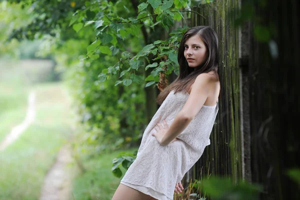 Красивая девушка рядом с сельским забором — стоковое фото