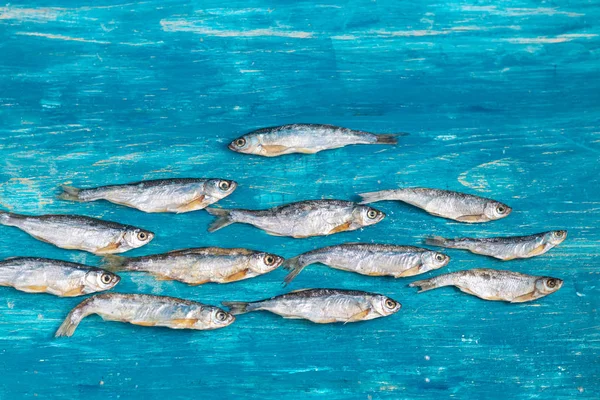Small, salted fish. Near the slices of lemon. Sea fish. Copy space. Background tinted in classic modern blue 2020.