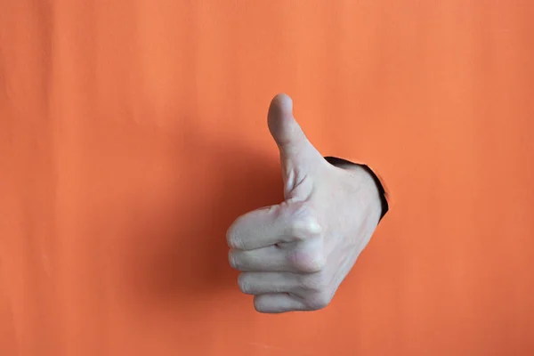 Male hand in a fist shows thumb up. Copy space.