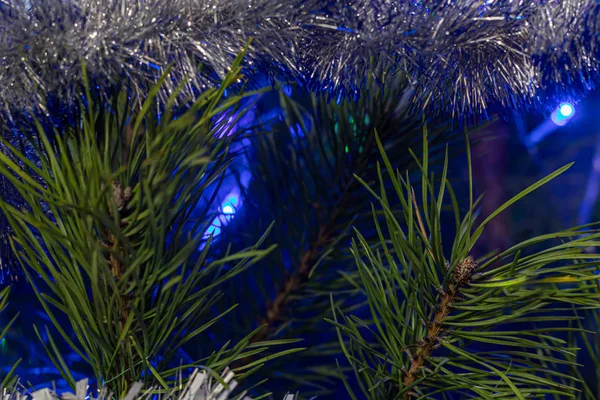 Kerstboom versierd met speelgoed en sprankelingen. Tegen de achtergrond van blauw, trend 2020. — Stockfoto