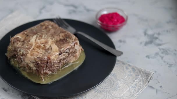 Geleia Com Carne Porco Frango Aspic Prato Tradicional Russo Servindo — Vídeo de Stock