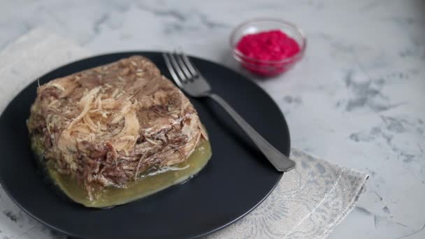 Gelée Avec Viande Porc Poulet Aspic Plat Russe Traditionnel Servi — Video