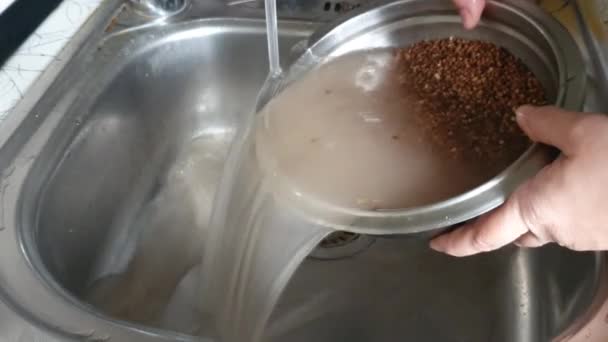 荞麦是生的。 洗在浓密的水流下准备下一步的准备工作. — 图库视频影像