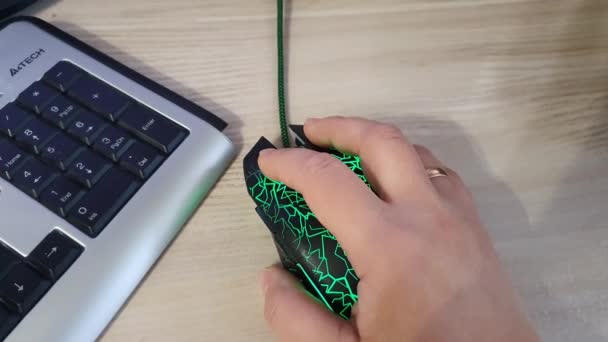 Trabaja en una computadora con un ratón con cable. Una mano presiona los botones y gira la rueda . — Vídeos de Stock