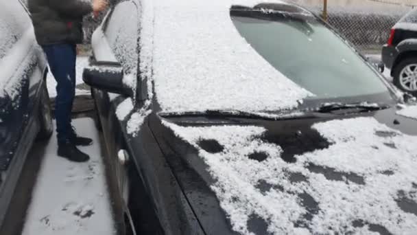 Czyszczenie Samochodu Który Padał Śnieg Zimowy Zimny Poranek Czarny Samochód — Wideo stockowe