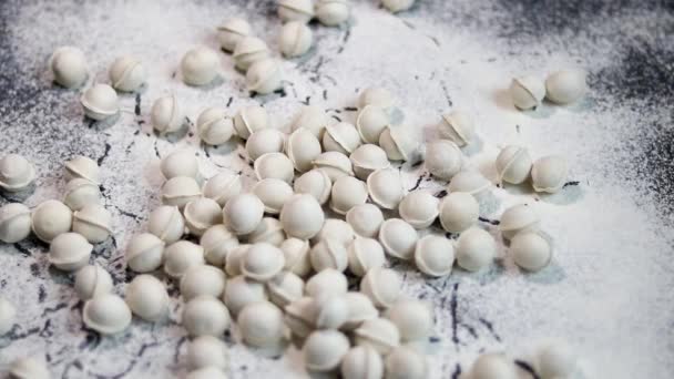 Flour Pours Table Order Make Dough Products Mini Dumplings Stuck — Stock Video