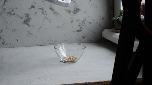 Farine Avoine Crue Dans Bol Transparent Préparé Pour Brassage Porridge — Video