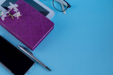 A light blue table with the necessary items on it. Diary with pen, Samsung phone. White cup of coffee. Top view with copy space,