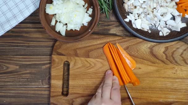 Slicing Ingredients Rice Dish Vegetables Vegetarian Dish Mushrooms Carrots Onions — Stock Video