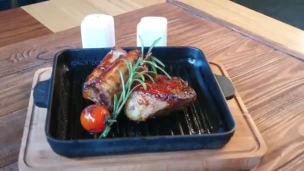 Grilled Beef Tenderloin Sprig Rosemary Tomato Wooden Table Copy Space — Stock Video