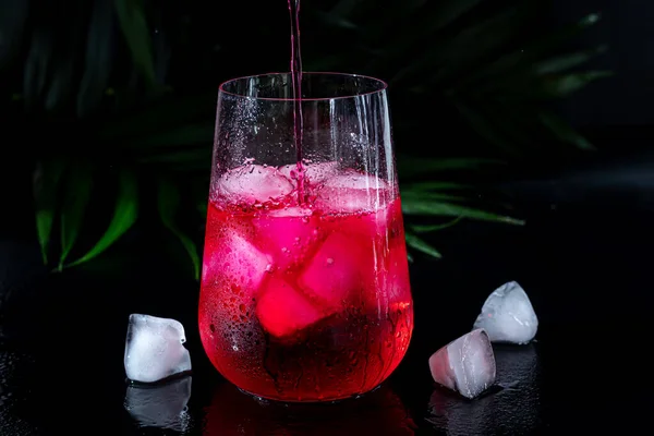 Bebida de frambuesa y agracejo en un vaso transparente con hielo. La bebida se vierte en un vaso. Añadido ramas de palma y frambuesas. Fondo negro . — Foto de Stock