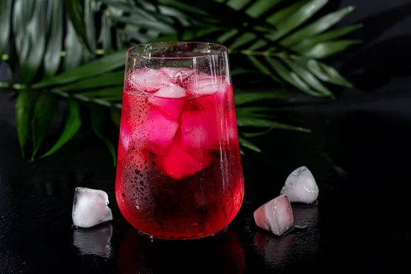 Raspberry-barberry drink in a transparent glass with ice. The drink is poured into a glass. Added palm branches and raspberries. Black background. — Zdjęcie stockowe