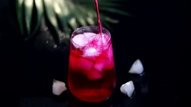 Raspberry-barberry drink in a transparent glass with ice. The drink is poured into a glass. Added palm branches and raspberries. Black background.