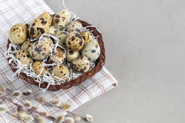 Bıldırcın yumurtaları hasır bir sepetin içinde söğüt dalının yanına konur. Paskalya için hazırlanıyorum. Beyaz arka planda. Boşluğu kopyala