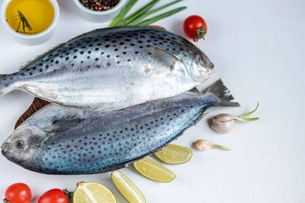 Море вкусной свежей рыбы на светлом фоне. Замороженный продукт. Рыба с ароматическими травами, специями и овощами - понятие здорового питания, диеты или приготовления пищи . — стоковое фото