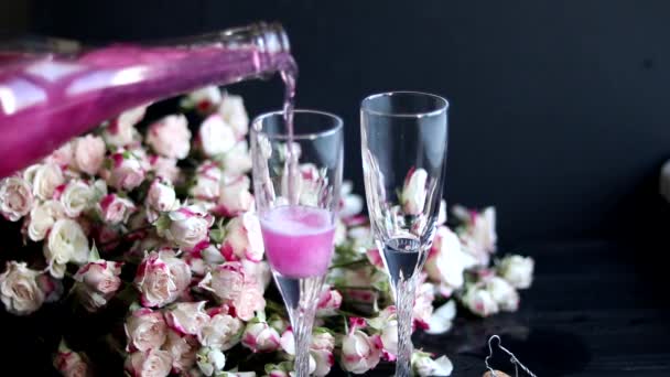 Sparkling Brilliant Raspberry Drink Champagne Two Glasses Stands Wooden Table — Stock Video