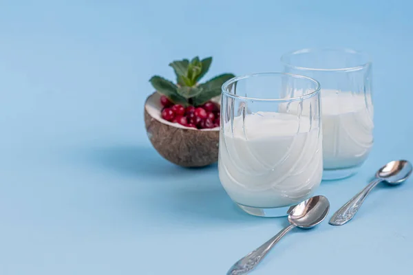 Hemgjord Yoghurt Två Glas Blå Bakgrund Garnerade Med Mynta Och — Stockfoto