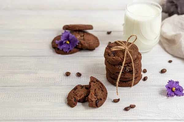 Chocolate Chip Cookies Homemade Baking Shape Medium Size White Wooden — Stock Photo, Image