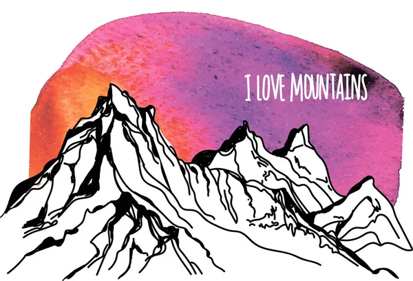 Dağlar seviyorum. Vektör serbest el çiziminin. Çorap bir kart için poster — Stok Vektör